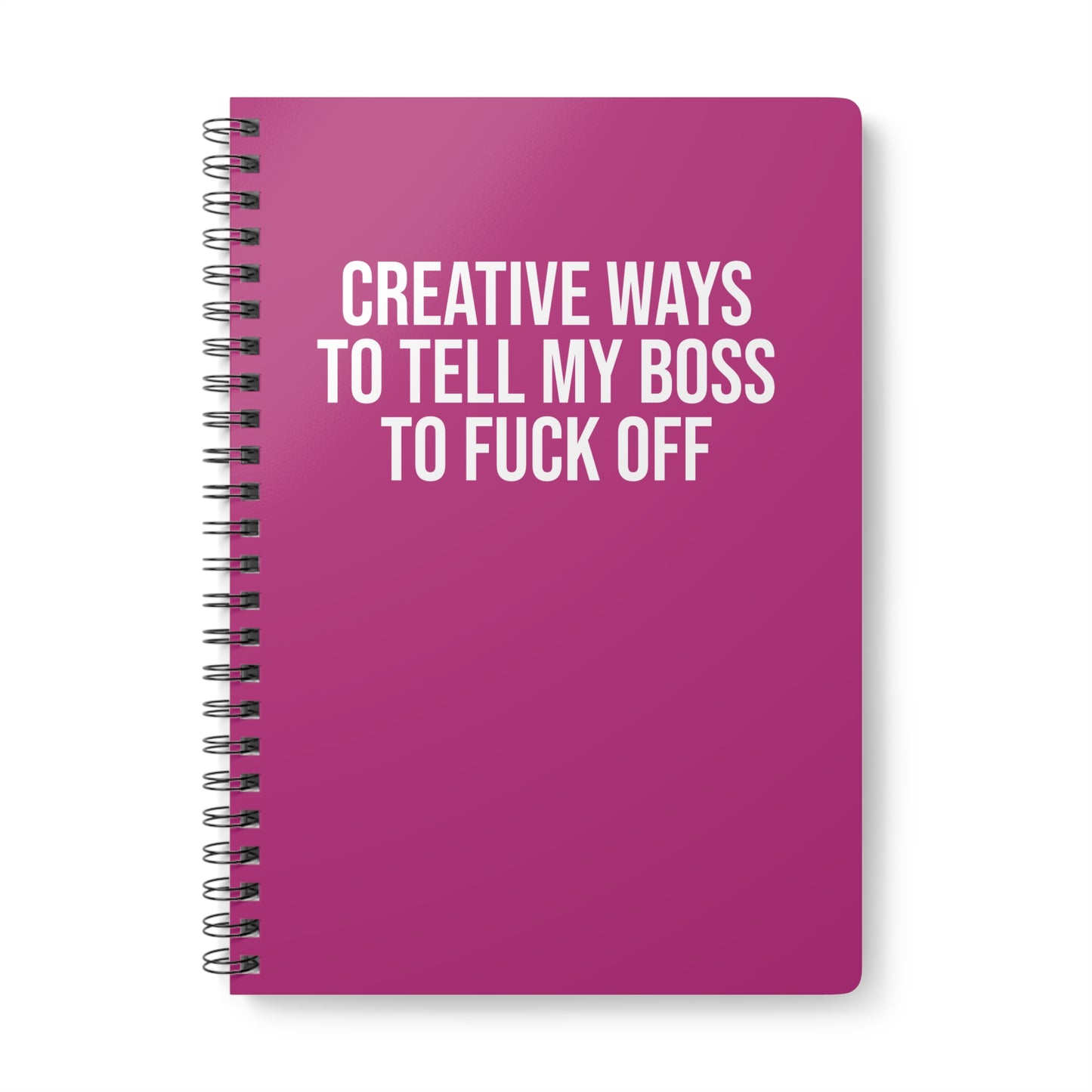 Pink notebook with white text on a white background