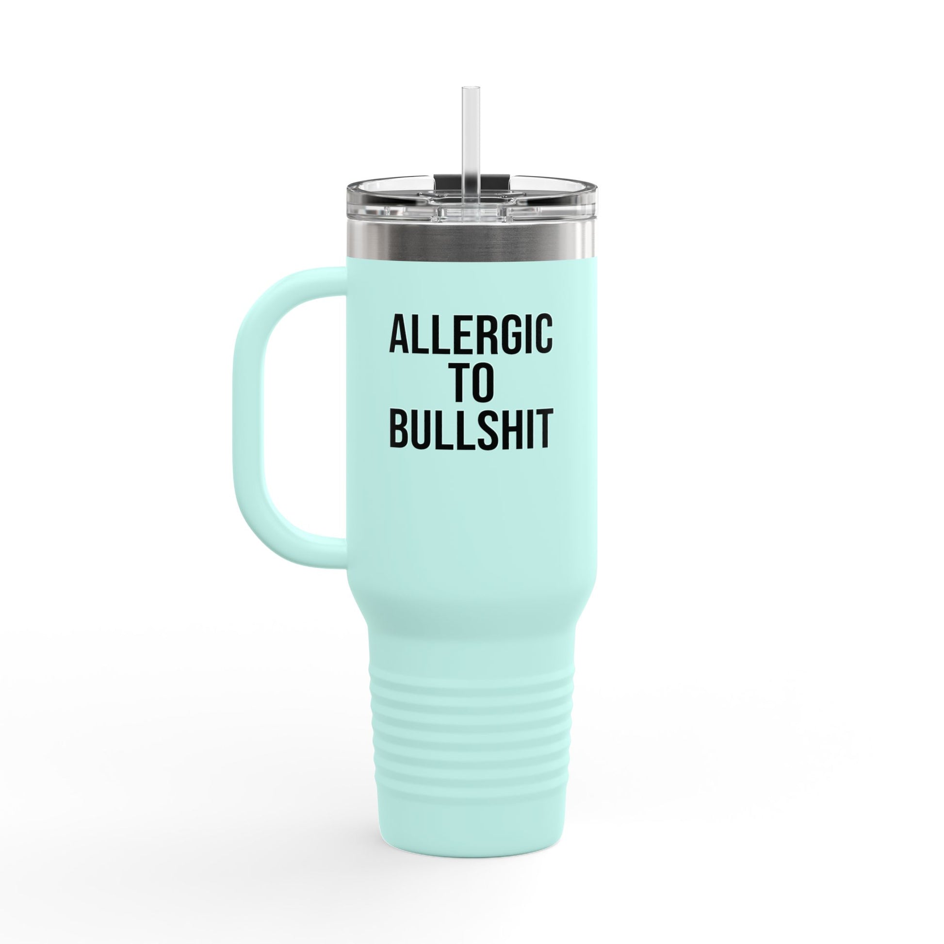 Teal insulated travel mug with sarcastic 'Allergic to Bullshit' print. Great gift for workplace banter fans.