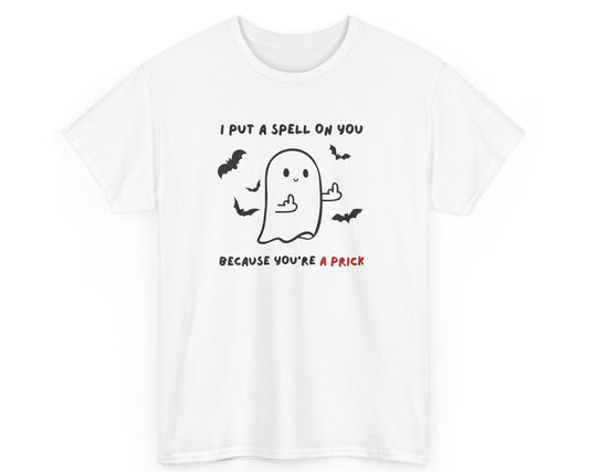 White t-shirt with ghost graphic and text on a white background