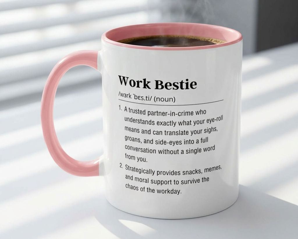 Mug with pink interior and handle, featuring a definition of 'Work Bestie' on a light background.