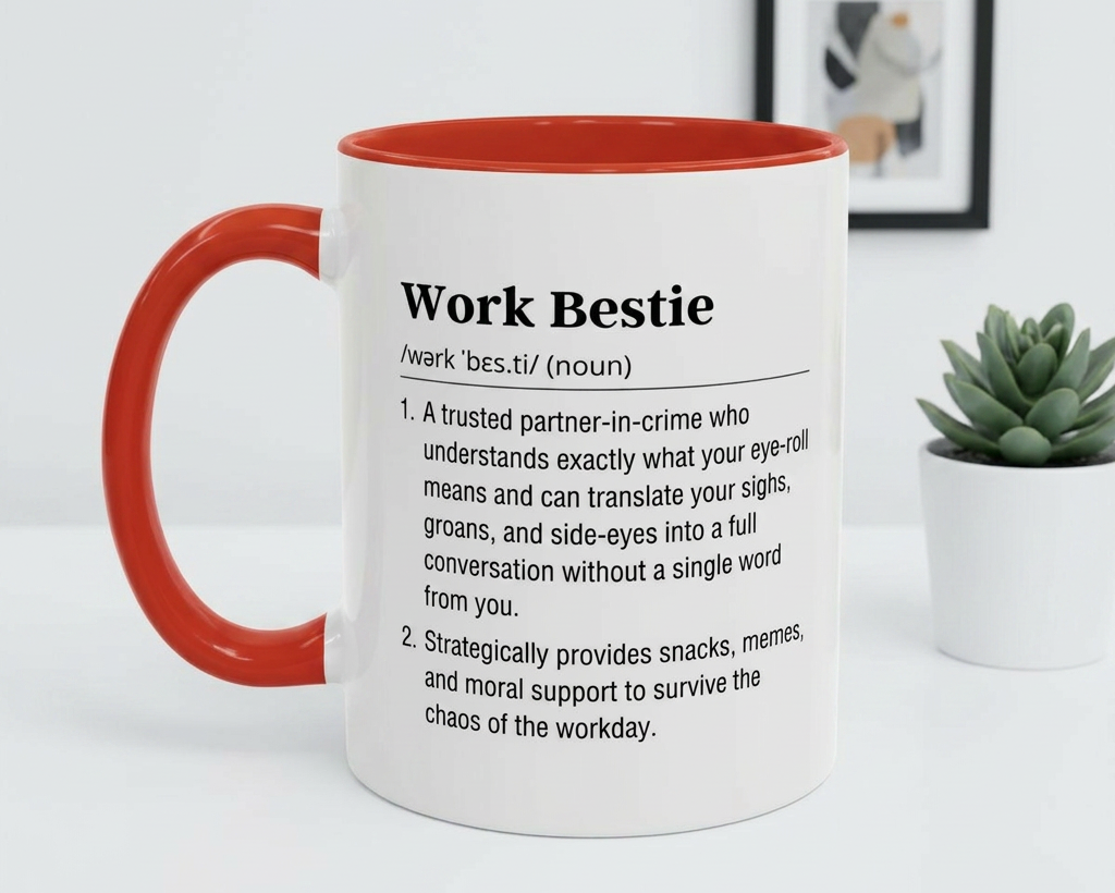 Mug with red interior and handle, featuring text definition of 'Work Bestie' on a white surface with a plant in the background.