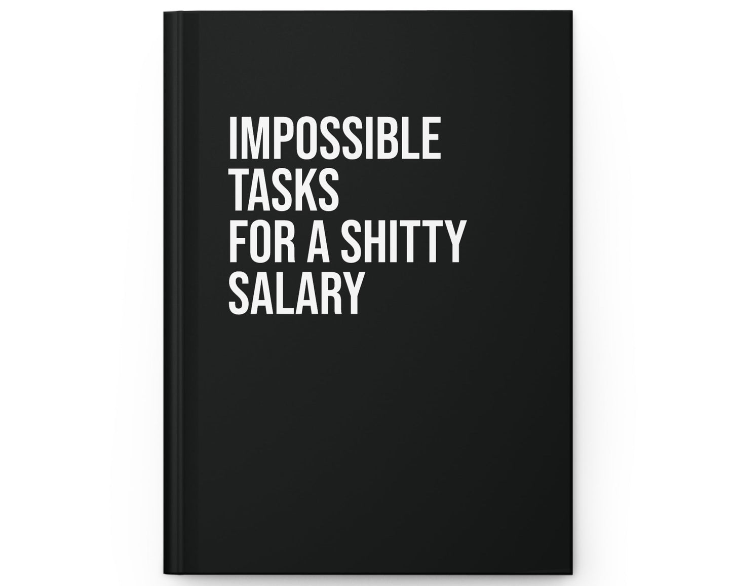 Black notebook with white text on a white background