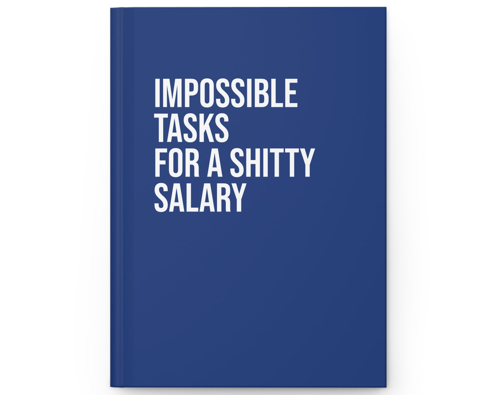 Blue notebook with white text on a white background