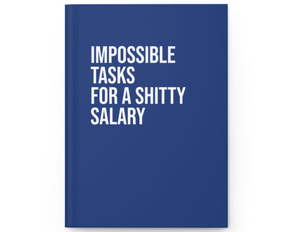 Blue notebook with white text on a white background