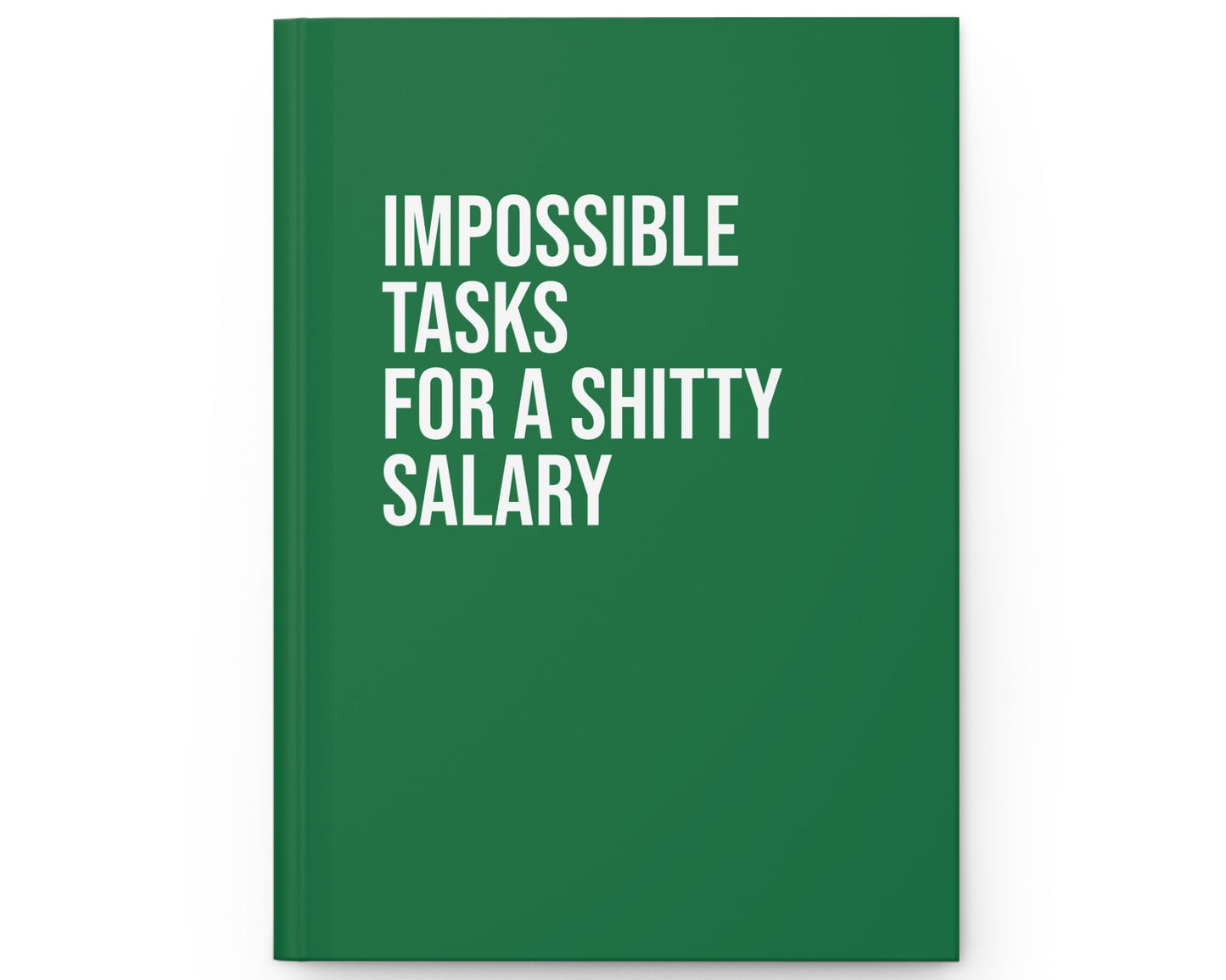 Green notebook with white text on a white background