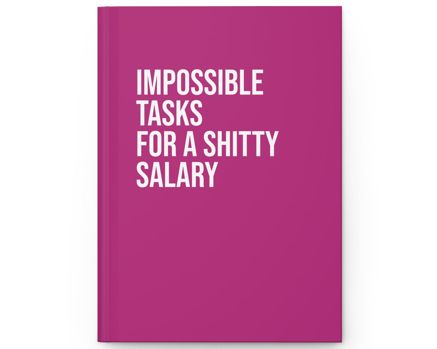 Pink notebook with white text on a white background