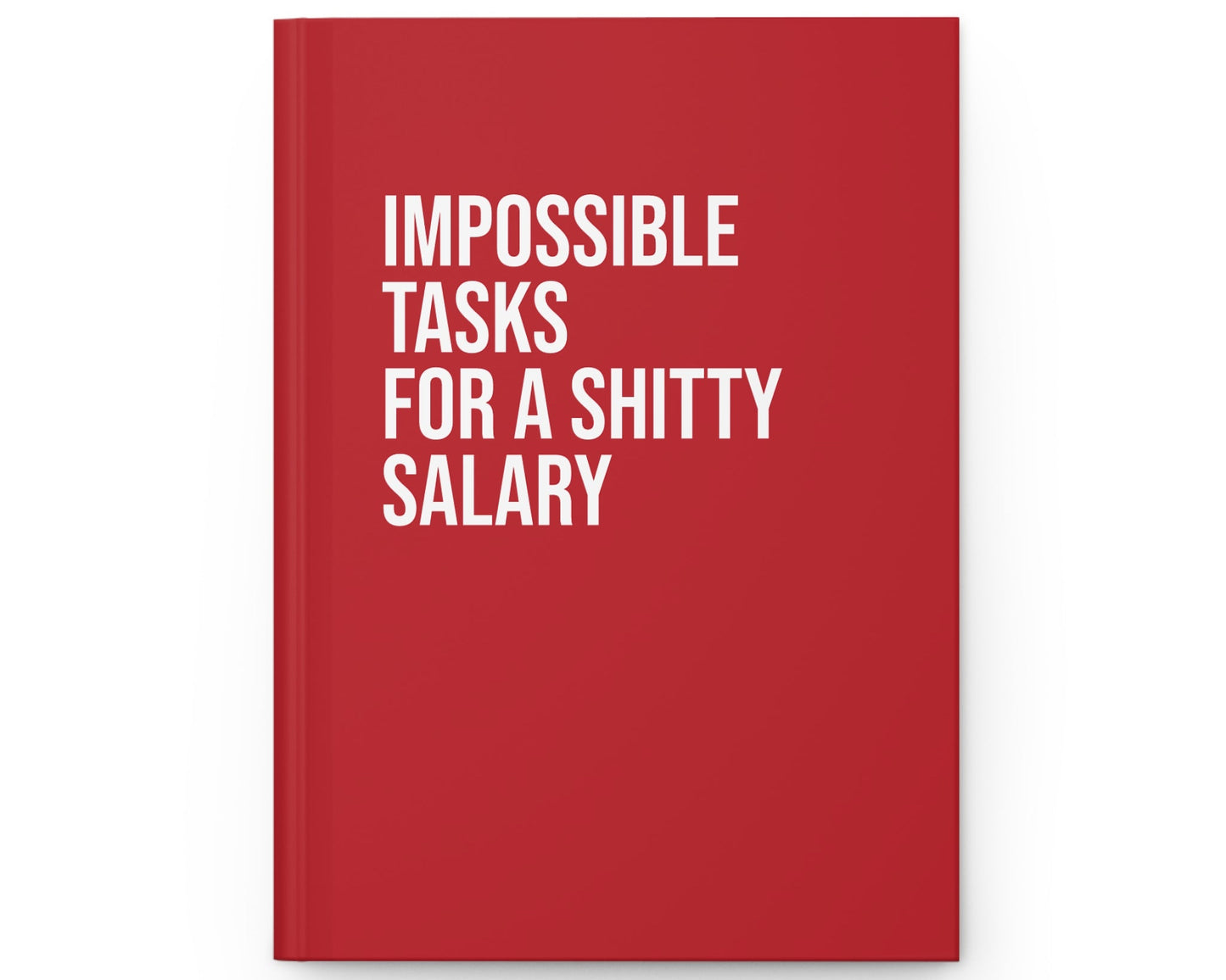 Red notebook with white text on a white background