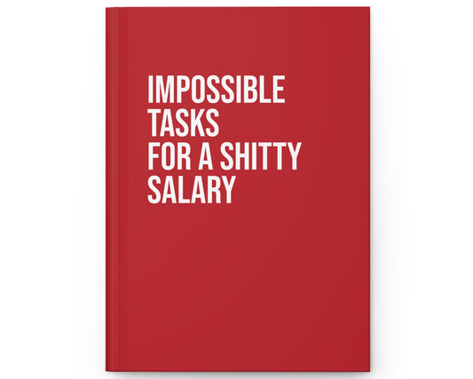 Red notebook with white text on a white background