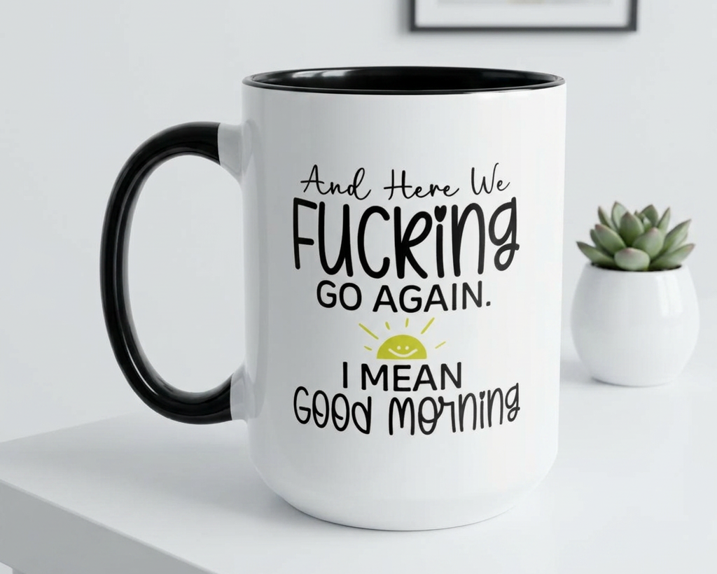 White mug with black interior and handle, featuring humorous text on a white surface.