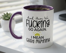 Mug with humorous text on a white surface