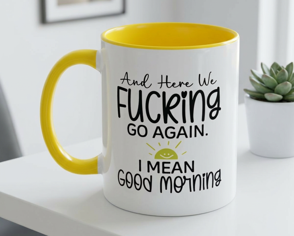 Mug with humorous text on a white surface with a plant in the background