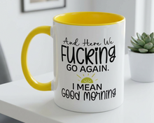 Mug with humorous text on a white surface with a plant in the background