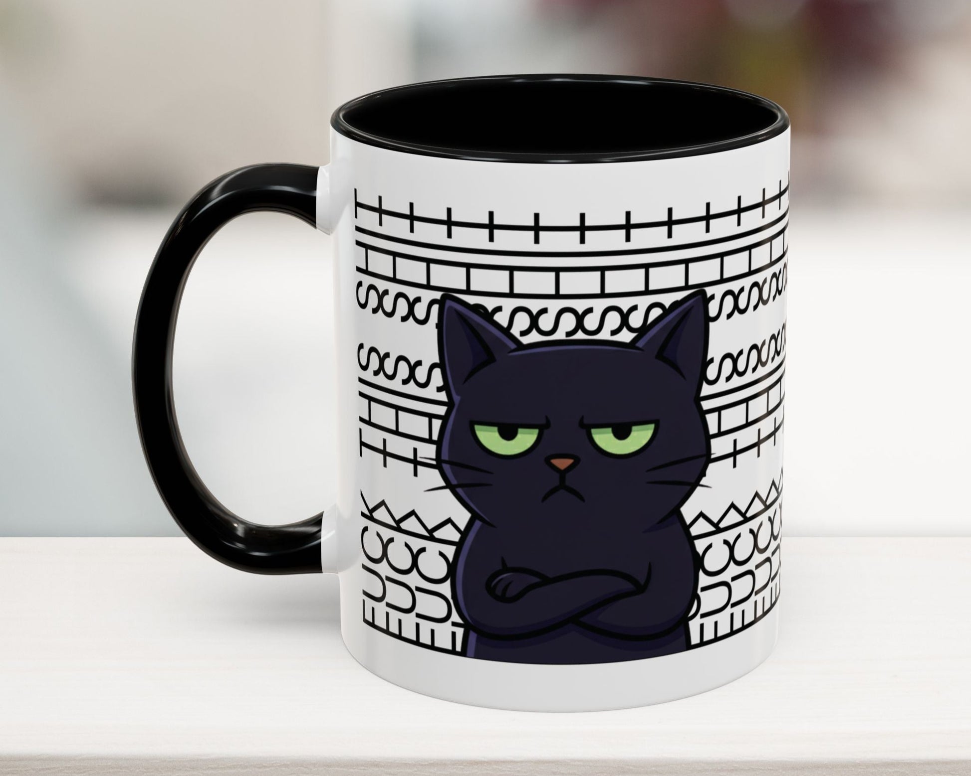 Mug with a black cat design on a white background
