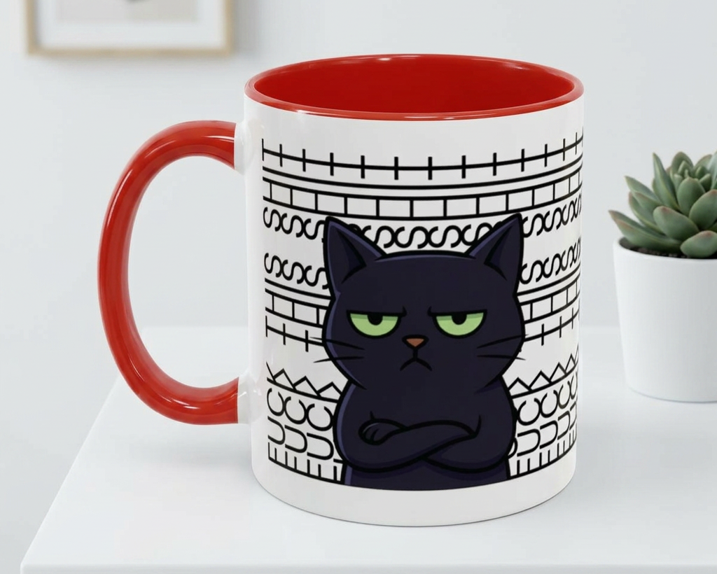 Mug with a black cat design on a white surface