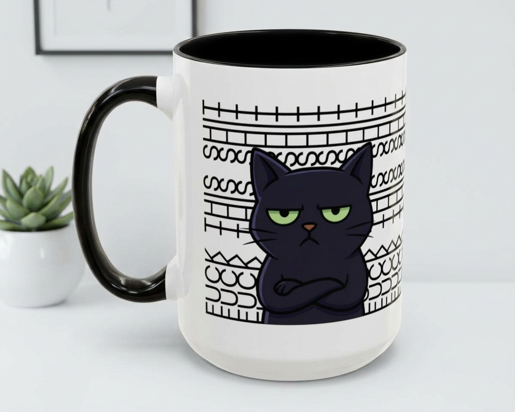 Mug with a black cat design and text on a white surface