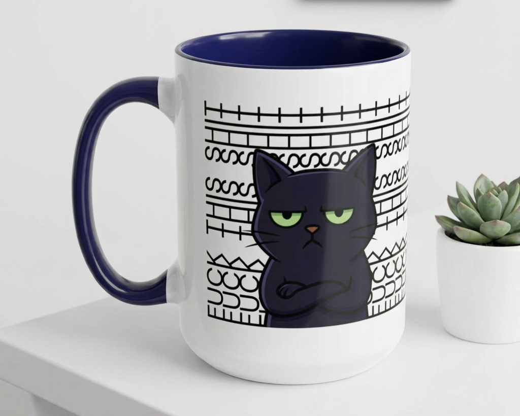 Mug with a black cat design and text on a white surface