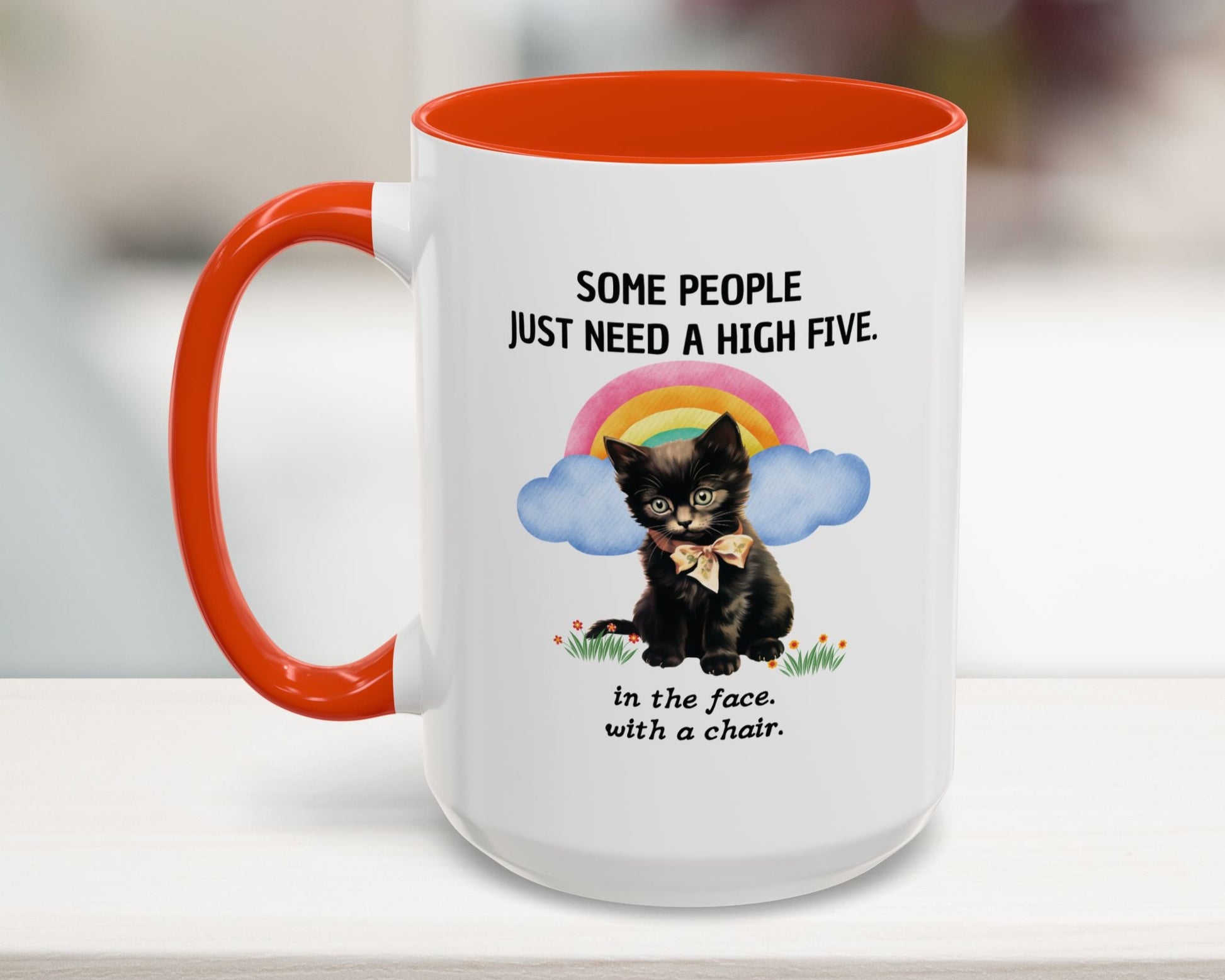 Mug with a black cat illustration and humorous text on a white background