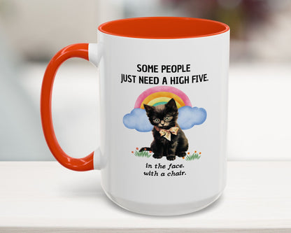 Mug with a black cat illustration and humorous text on a white background