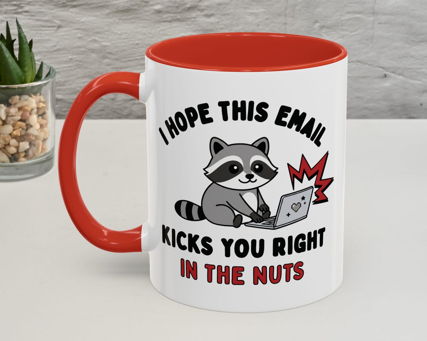 Mug with a raccoon graphic and humorous text on a white surface.
