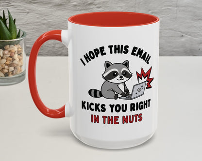 Mug with a raccoon graphic and humorous text on a white surface.