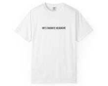 White t-shirt with black text on a white background