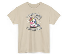 Beige t-shirt with a unicorn graphic and text on a white background