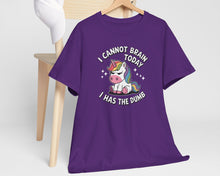 Purple t-shirt with a logo and text on a wooden chair against a white background