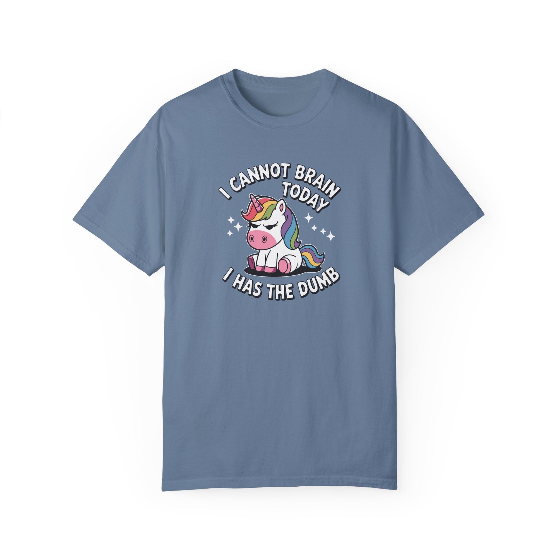 Blue Jean T-shirt featuring a unicorn with 'I Cannot Brain Today' text – sarcastic office tee