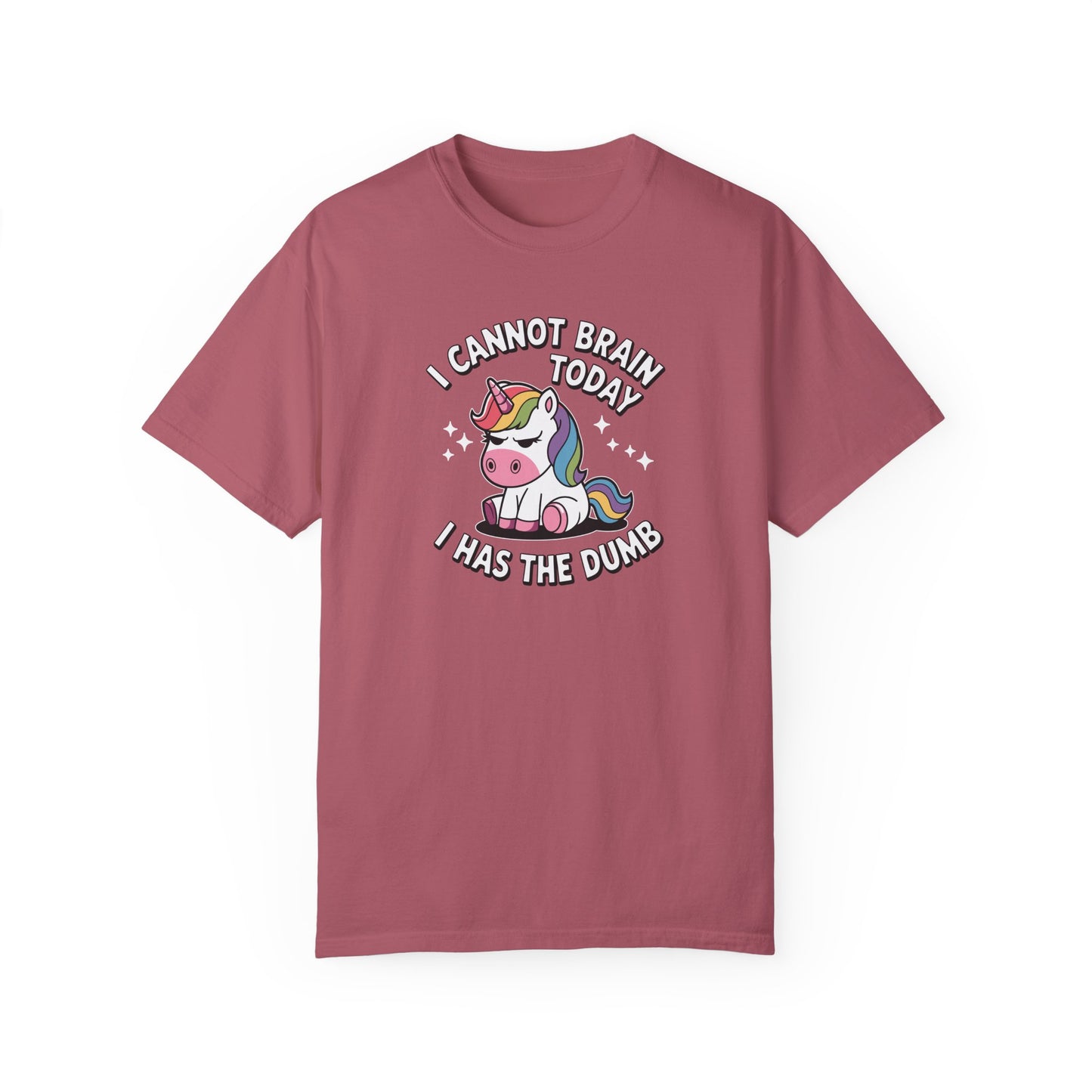 Crimson-colored Comfort Colors 1717 T-shirt with 'I Cannot Brain Today' unicorn print – great for a casual Friday outfit