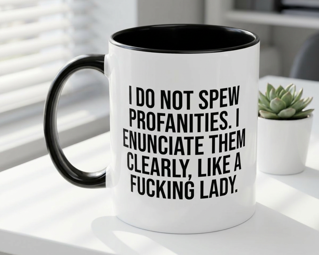 Mug with humorous text on a desk with a plant in the background
