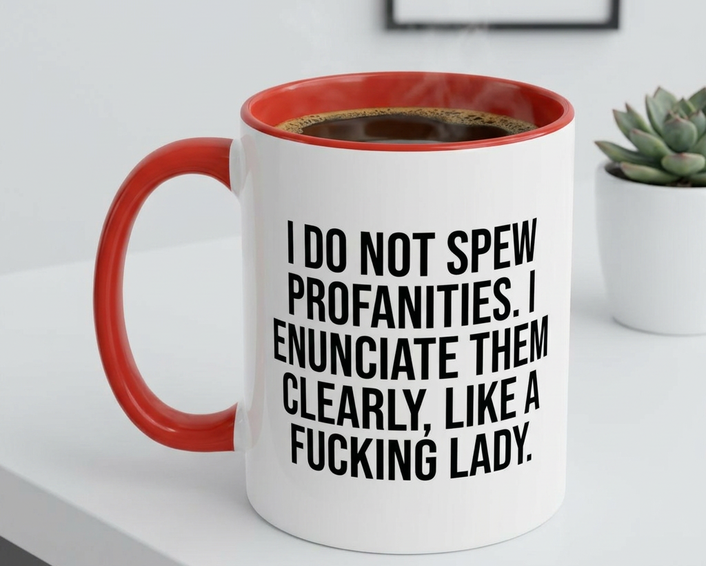 White mug with red handle and humorous text on a white surface with a plant in the background
