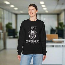 Person wearing a black sweatshirt with a graphic design and text on a white background