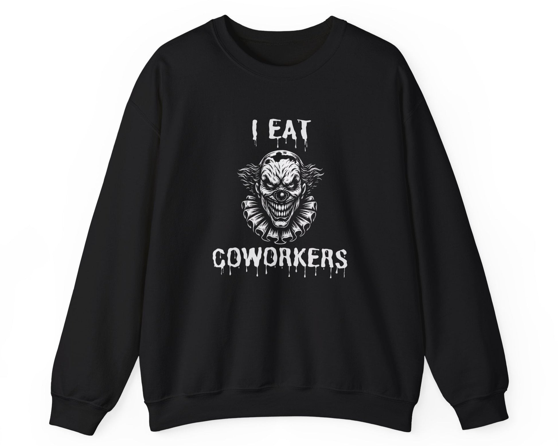Black sweatshirt with a graphic design and text on a white background
