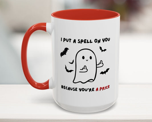 Mug with ghost design and text on a white surface
