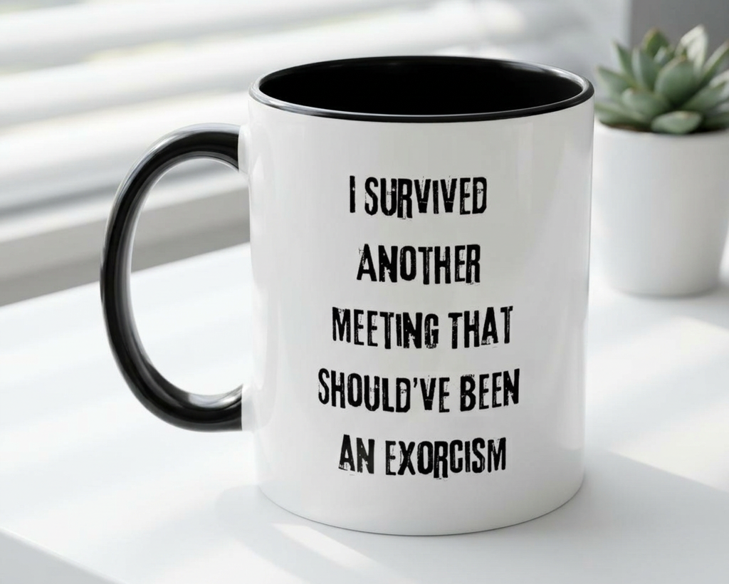 White mug with black interior and handle, featuring text on a white surface with a plant in the background.