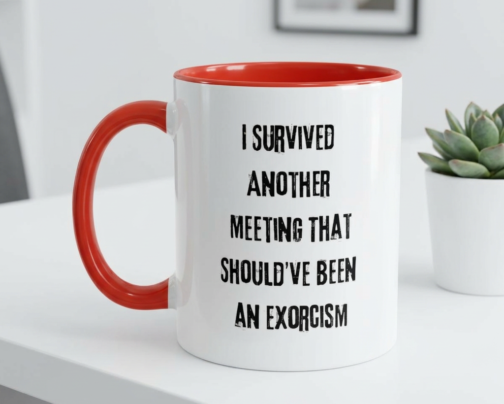 White mug with red interior and handle, featuring humorous text on a white surface.