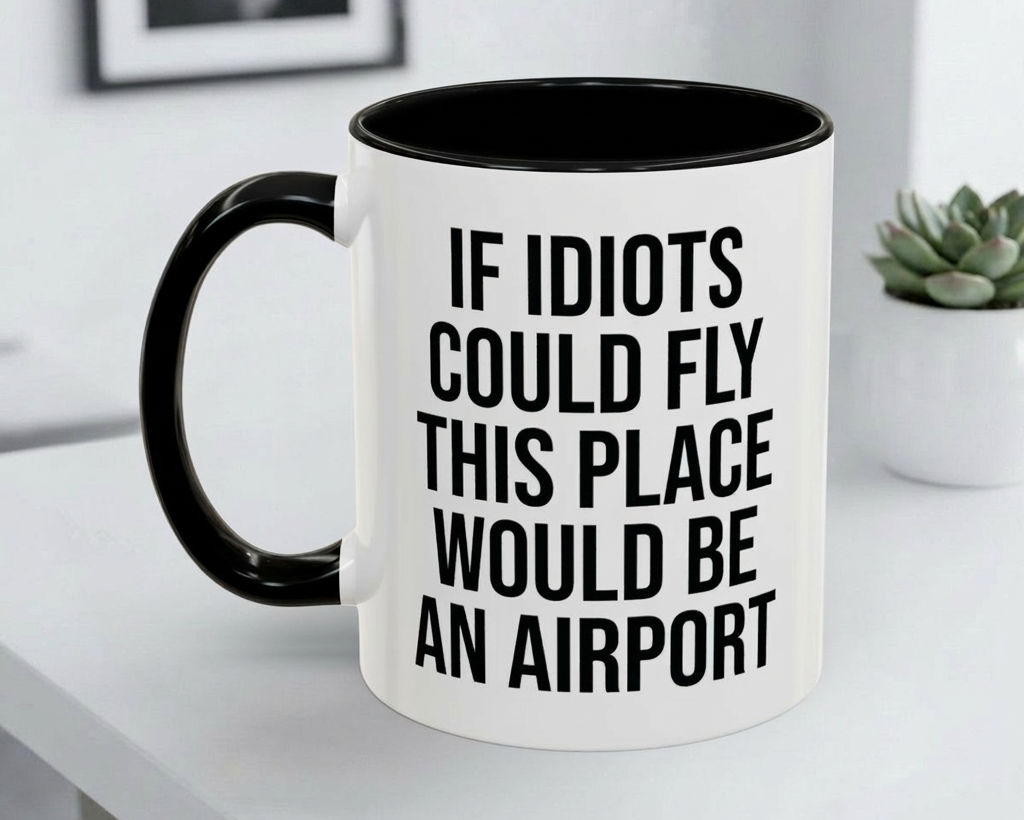 Mug with humorous text on a white surface