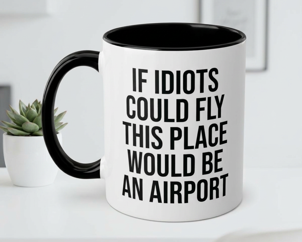Mug with humorous text on a white surface
