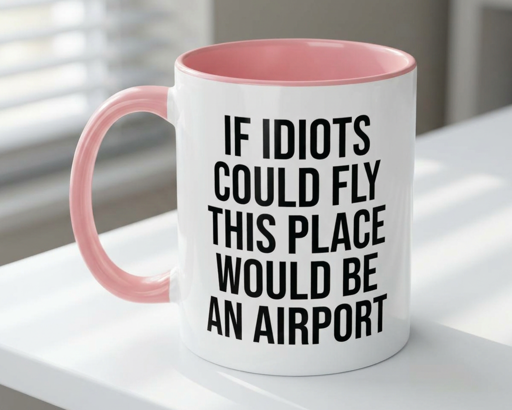 Mug with humorous text on a white surface