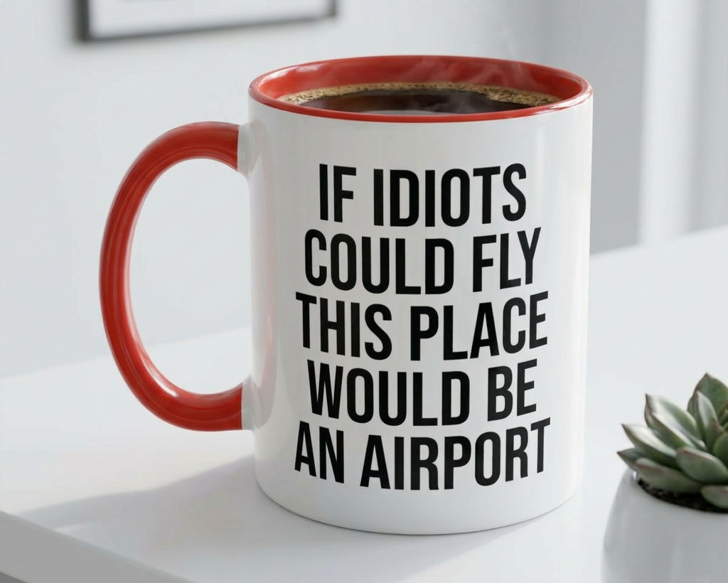 White mug with red interior and handle, featuring a humorous text design on a white surface.