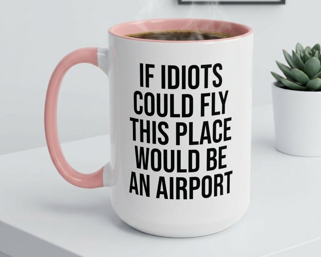 White mug with pink handle and humorous text on a white surface with a plant in the background