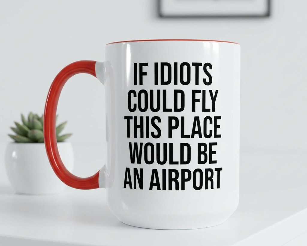 White mug with red handle and humorous text on a white surface.