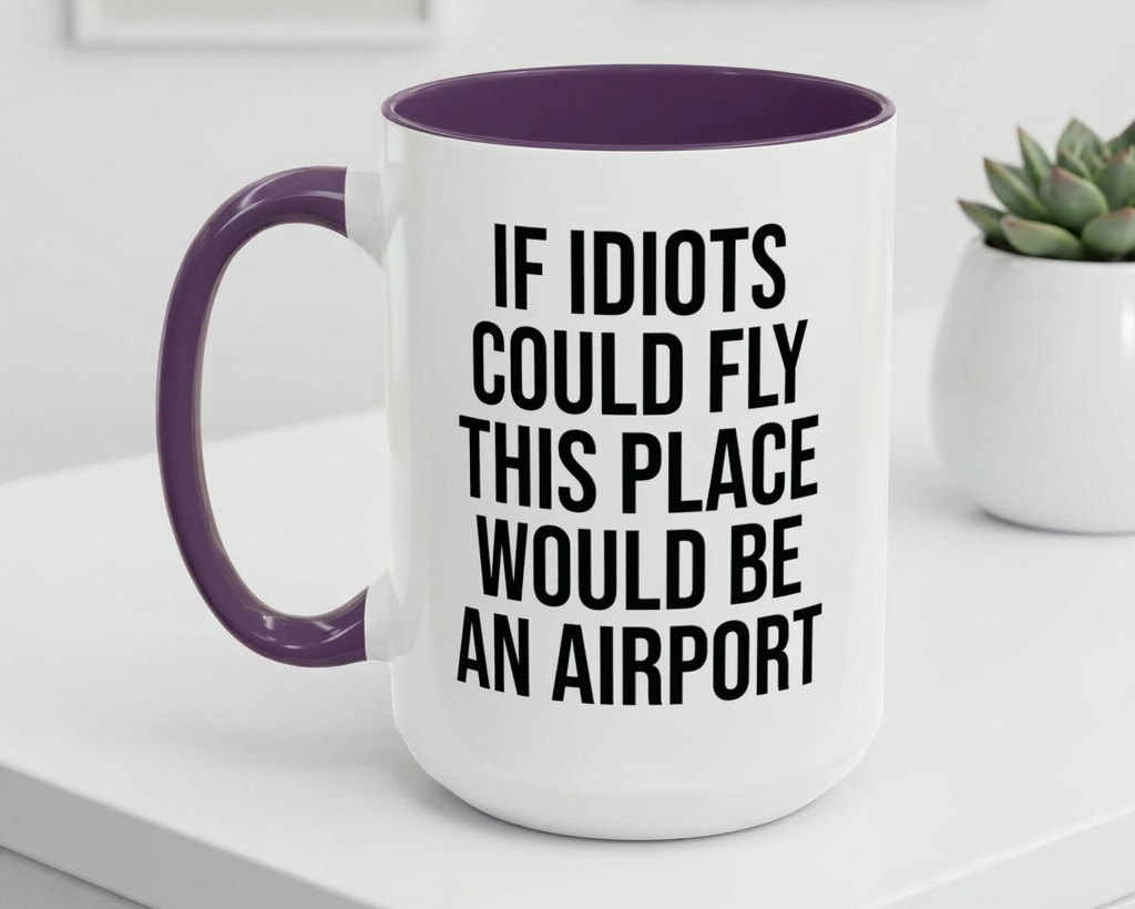 White mug with purple interior and handle, featuring text on a white surface.