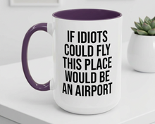 White mug with purple interior and handle, featuring text on a white surface.