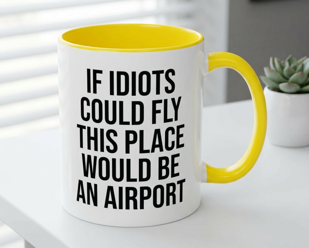 Mug with yellow interior and handle, featuring a humorous text design on a white surface.