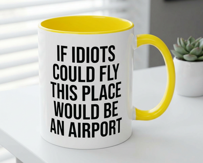 Mug with yellow interior and handle, featuring a humorous text design on a white surface.