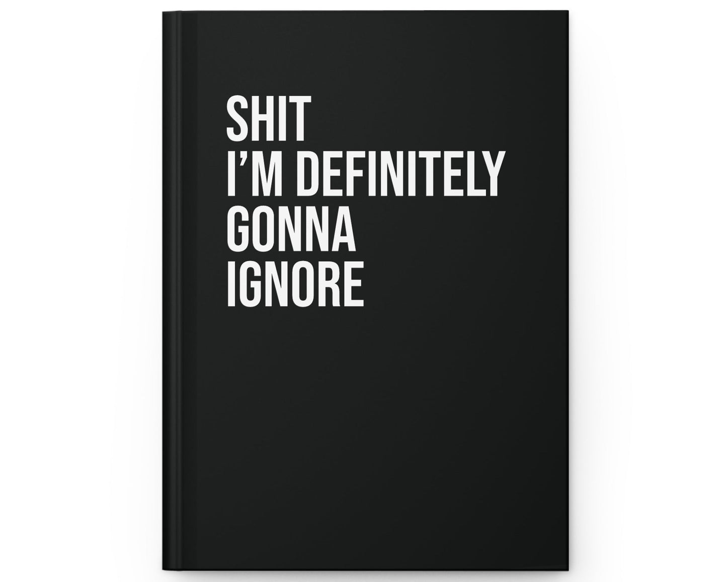 Black notebook with white text on a white background