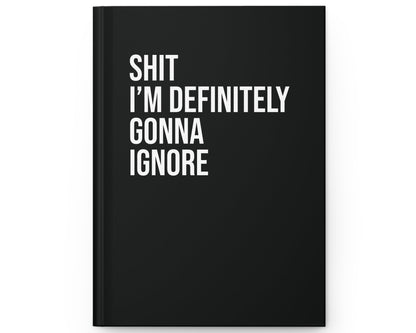Black notebook with white text on a white background