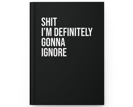 Black notebook with white text on a white background