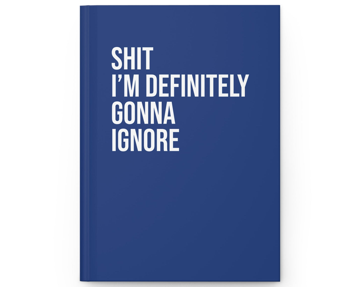 Blue notebook with white text on a white background